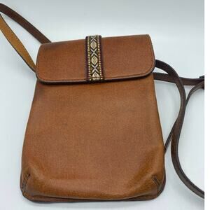 Most Wanted USA,Tan‎ Genuine Leather Crossbody Phone Bag southwest embroidered.